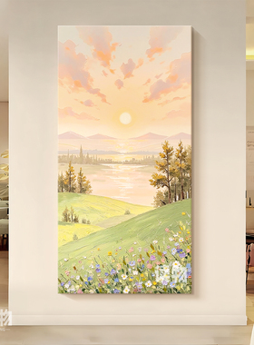 绿色山野风景肌理纯手绘油画客厅日出东方装饰画玄关走廊过道挂画