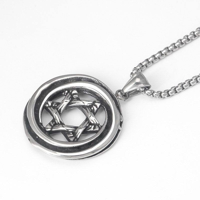 不锈钢欧美嘻哈摇滚复古朋克街头时尚铸造圆形六角星吊坠钛钢项链,淘宝优惠券,粉丝福利购,淘宝优惠卷