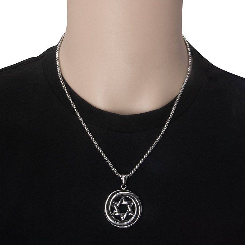不锈钢欧美嘻哈摇滚复古朋克街头时尚铸造圆形六角星吊坠钛钢项链,淘宝优惠券,粉丝福利购,淘宝优惠卷
