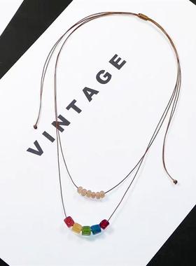 七根心简刘浩存木代同款项链女双层彩色天然石小众气质锁骨链新款