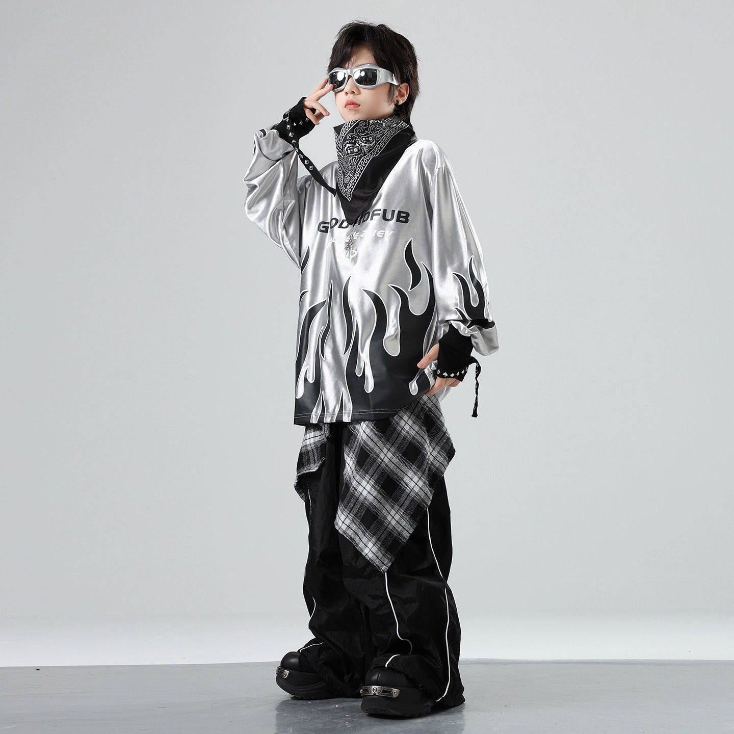 街舞演出服男童嘻哈hiphop潮酷宽松套装火焰少儿长袖t恤表演服装,淘宝优惠券,粉丝福利购,淘宝优惠卷