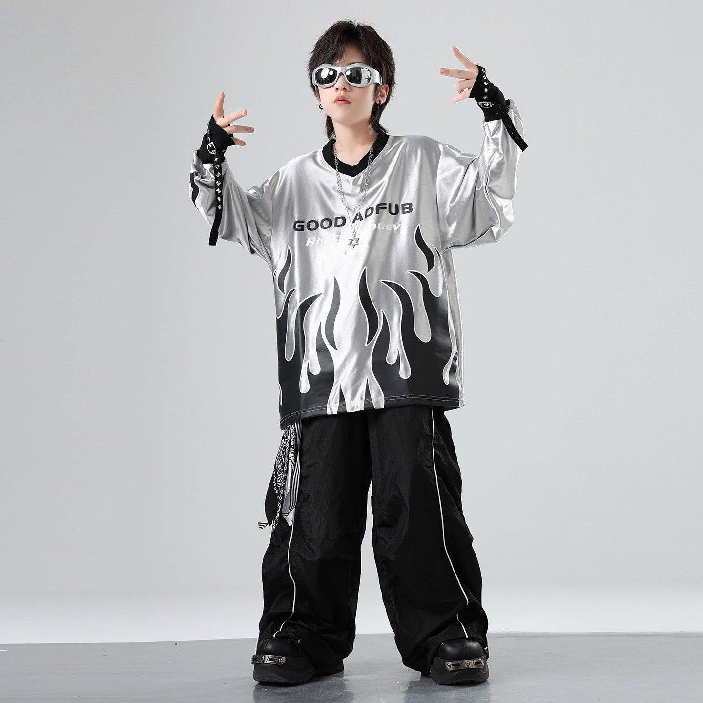 街舞演出服男童嘻哈hiphop潮酷宽松套装火焰少儿长袖t恤表演服装,淘宝优惠券,粉丝福利购,淘宝优惠卷