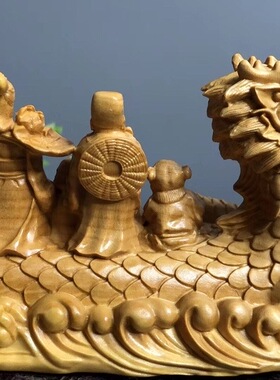 黄杨木雕创意中式装饰摆件八仙过海雕刻工艺品赛龙舟汽车送礼收藏