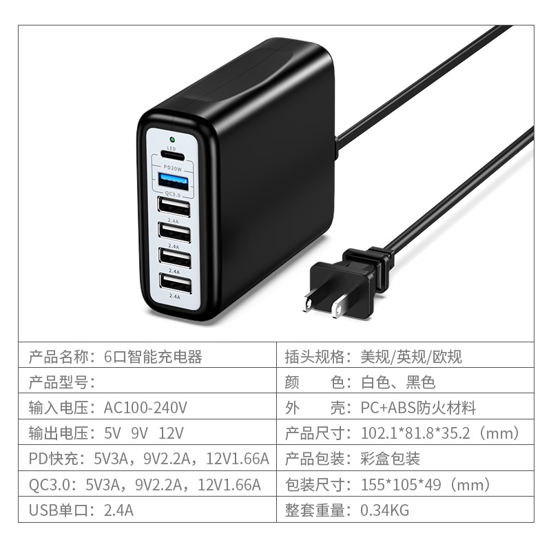 快速多口USB充电器pd快充QC3.0安卓手机平板快速充多孔充电桩100W - 图1