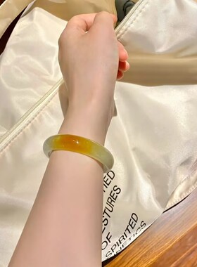 新品翡翠色玉石手镯高冰透种飘黄翡花油青翡翠玉手镯子少女高级感