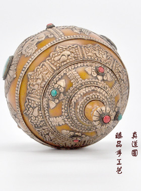 尼泊尔手工制品 鸡油黄包银吉祥罐 宝瓶 精美藏式家居摆件花瓶