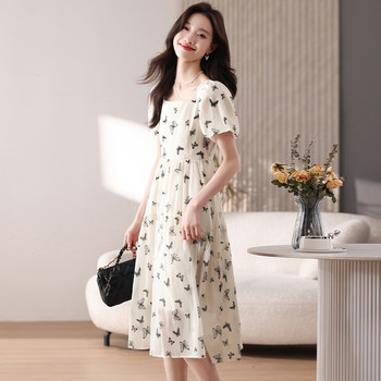 Hangzhou silk floral dress women's new summer-high-waist slimming temperament mulberry silk sleeved short-long-length skirt