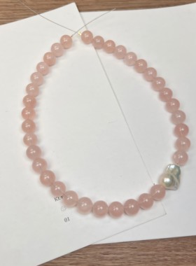 原创 天然西柚粉晶珍珠小众设计项链