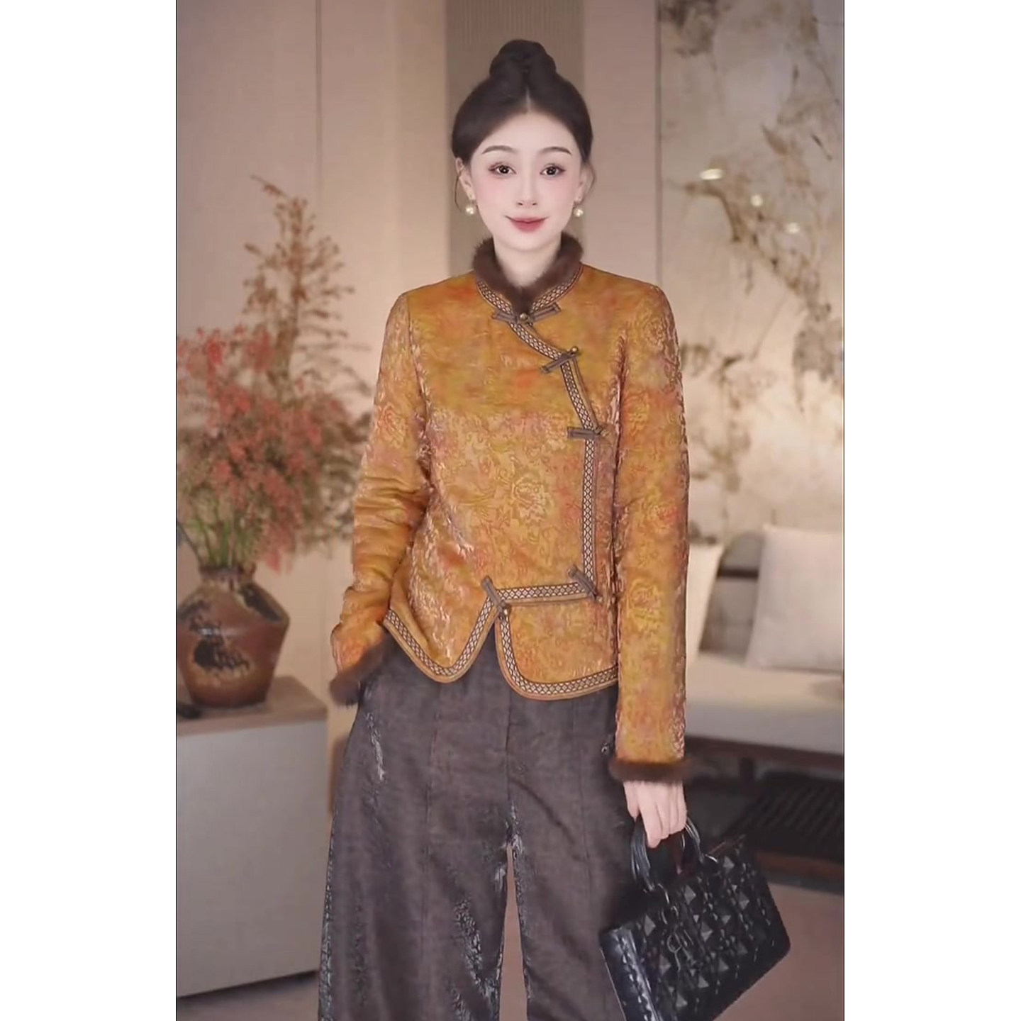 新中式国风套装女2025冬季新款毛毛拼接外套+高腰阔腿裤两件套装,淘宝优惠券,粉丝福利购,淘宝优惠卷