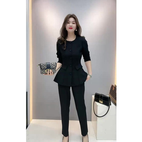 气质高街时尚两件套女春季夏季收腰显瘦上衣百搭休闲裤黑色套装潮 - 图2