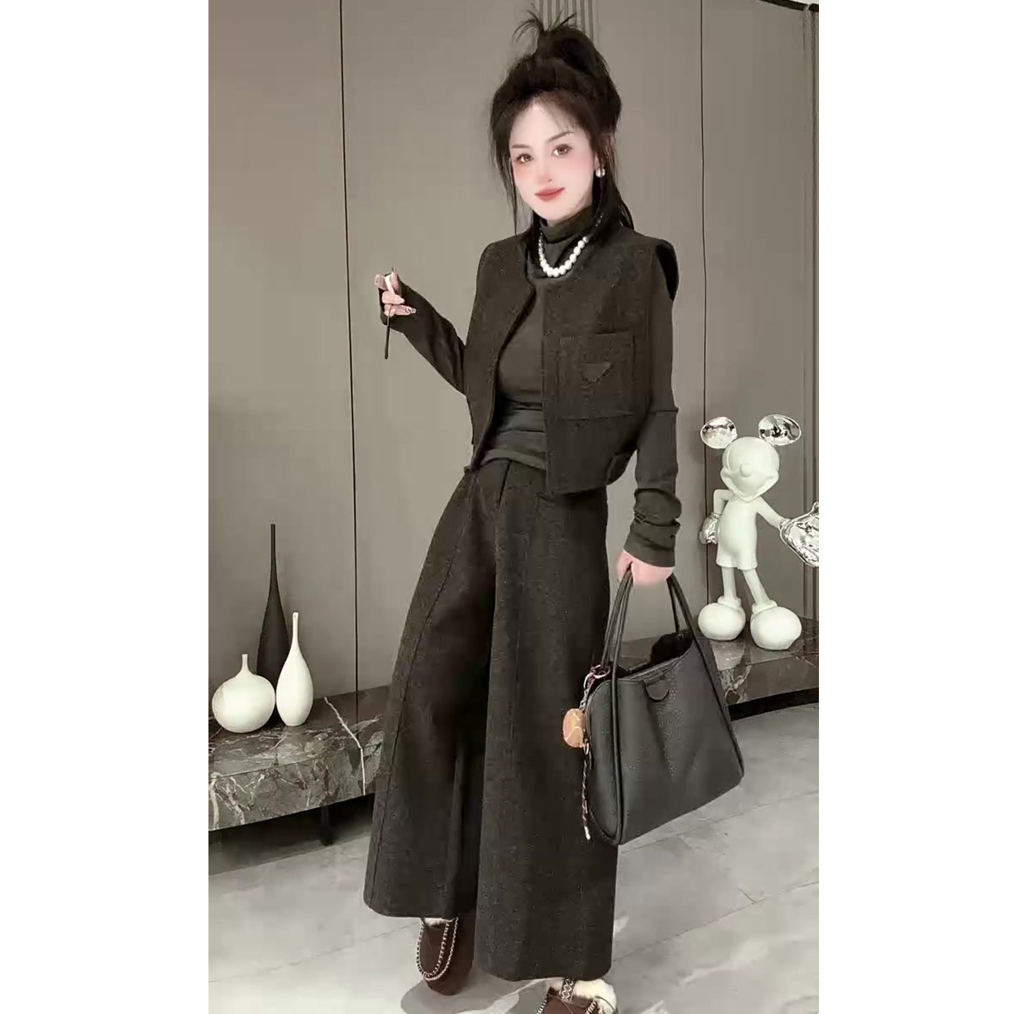 高级感毛呢套装女2026春季新款网红同款马甲+高领打底衫+阔腿裤潮,淘宝优惠券,粉丝福利购,淘宝优惠卷