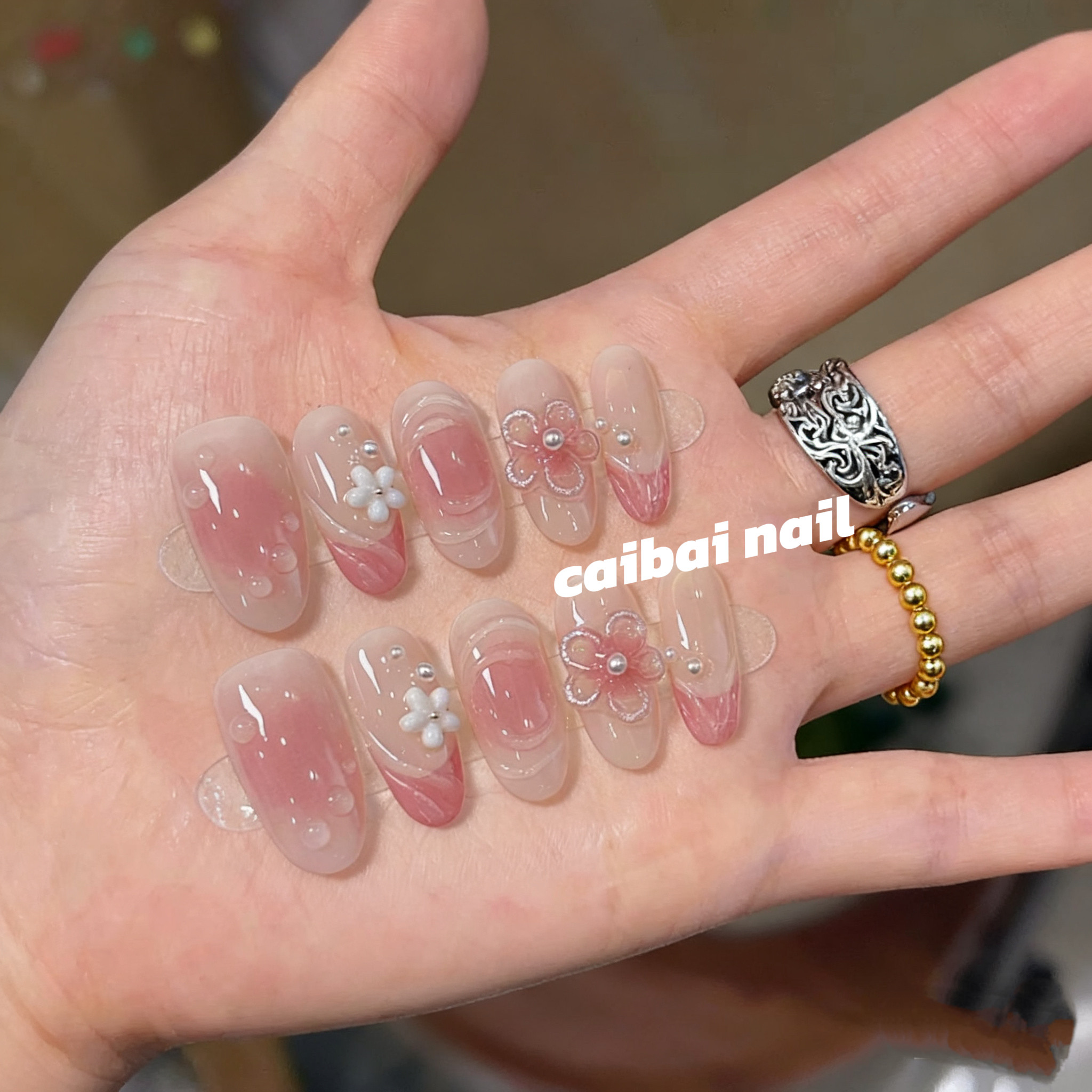 【桃花】粉黛纯手工穿戴甲法式粉色渐变立体花朵珍珠点缀美甲贴片,淘宝优惠券,粉丝福利购,淘宝优惠卷