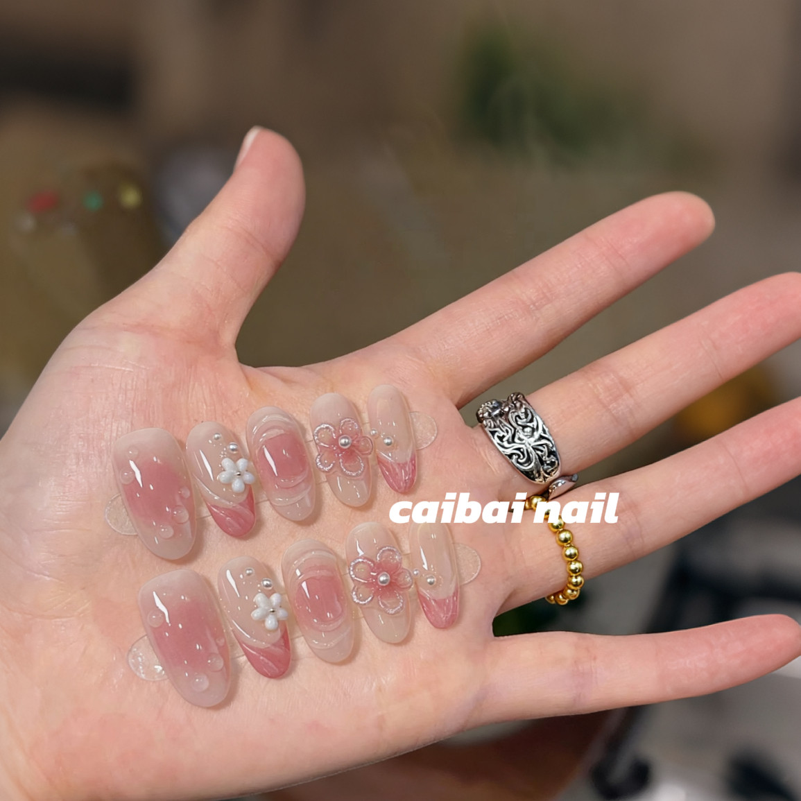 【桃花】粉黛纯手工穿戴甲法式粉色渐变立体花朵珍珠点缀美甲贴片,淘宝优惠券,粉丝福利购,淘宝优惠卷