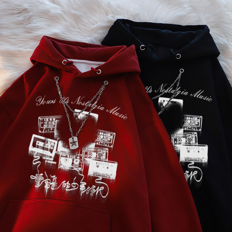 美式高街潮牌项链录像带连帽卫衣男秋冬宽松百搭加绒加厚情侣外套,淘宝优惠券,粉丝福利购,淘宝优惠卷