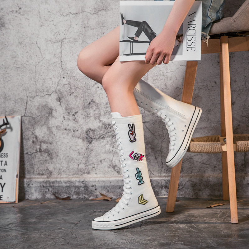 长筒帆布鞋女休闲鞋板鞋贴布高筒靴子女靴拉链大码百搭6138潮005