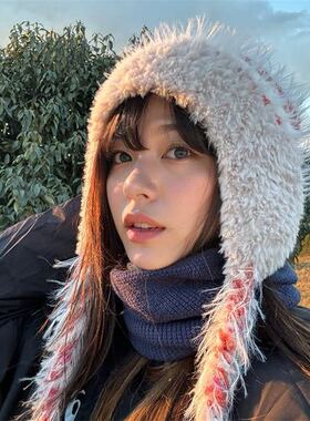 川西旅游民族风针织毛线帽女秋冬条纹拼接护耳帽保暖防寒草原帽子