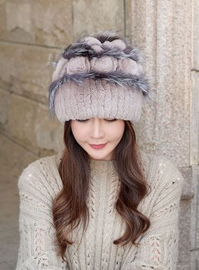 冬季獭兔毛编织花朵女士平顶帽