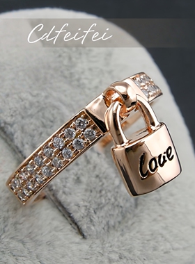 高级感镀玫瑰金镶钻爱心锁戒指