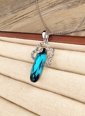 复古祥云花朵水晶吊坠银色锁骨链