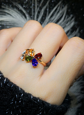 仿宝石碧玺四叶草蝴蝶食指戒指