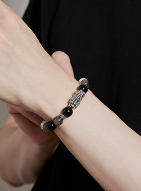 魔物 水墨貔貅 国风小众纳财好运转运S999银好运黑曜石玉石手链男
