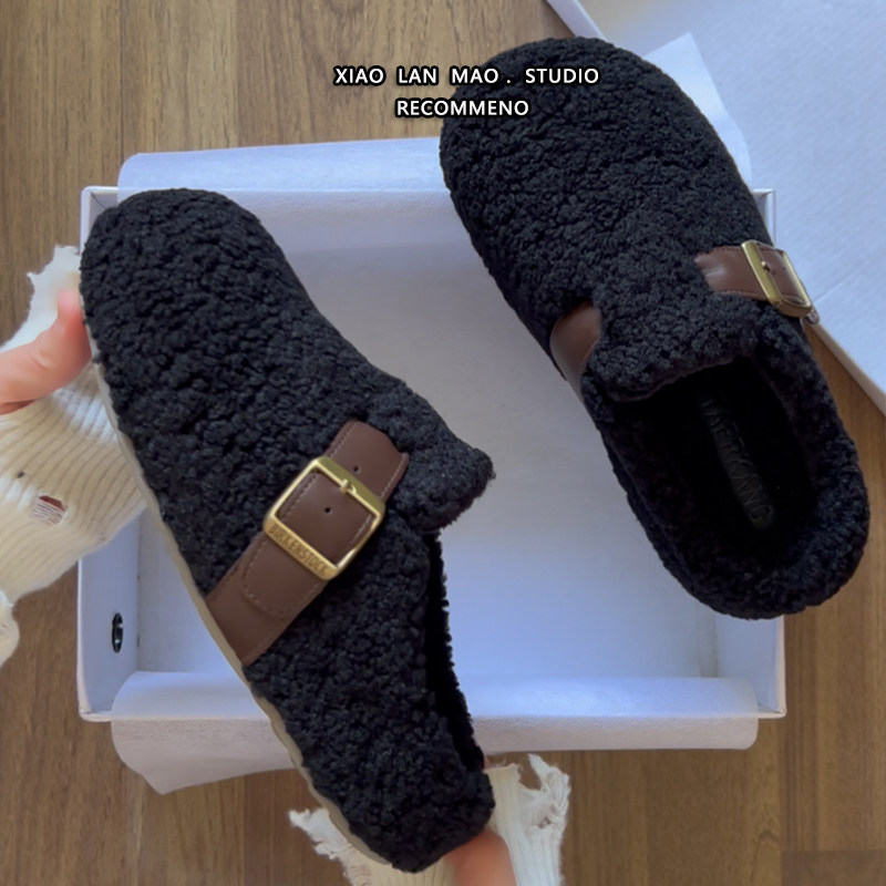黑色绝美毛毛鞋女2025秋冬款时尚皮带扣加绒懒人一脚蹬厚底勃肯鞋,淘宝优惠券,粉丝福利购,淘宝优惠卷