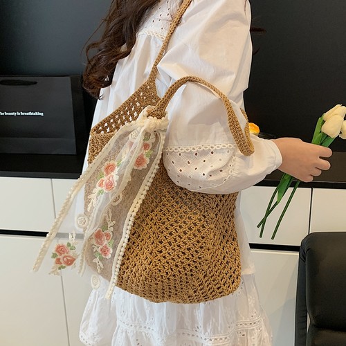 镂空手工编织包女夏季休闲慵懒风大容量草编包海边度假单肩沙滩包 - 图1