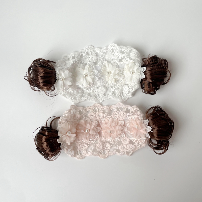 新款宝宝新生儿婴儿周岁假发发带发饰棉线蕾丝头花护囟门韩国头饰 - 图3