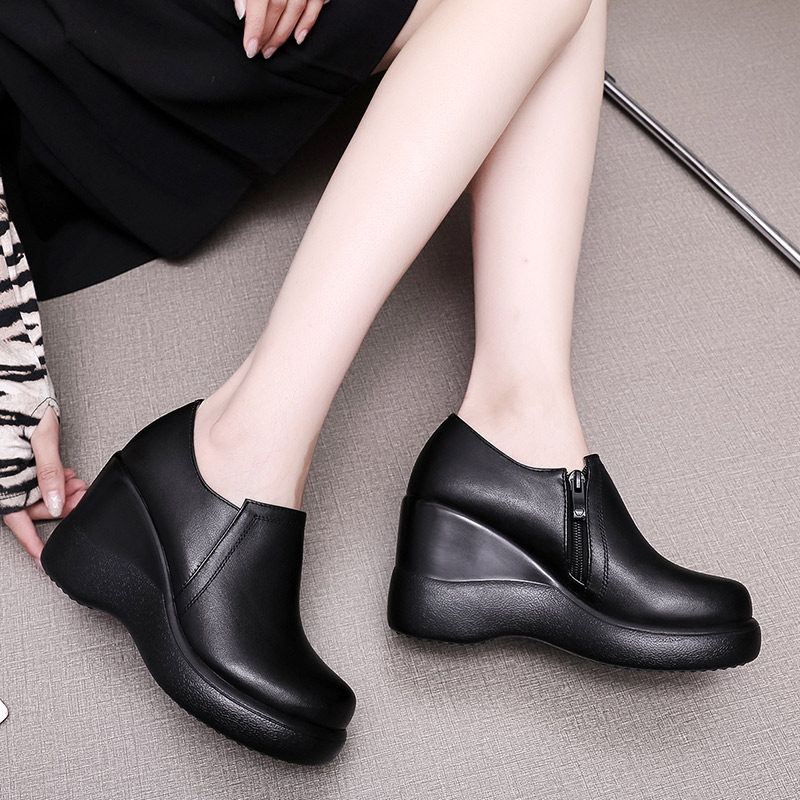 2024年真皮坡跟厚底黑色女鞋高跟头层牛皮单鞋秋冬新款深口皮鞋女,淘宝优惠券,粉丝福利购,淘宝优惠卷