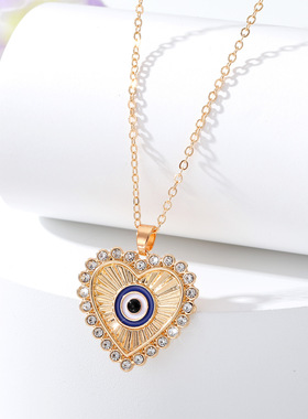 欧美跨境饰品 心形恶魔之眼吊坠 个性点钻土耳其蓝眼睛项链毛衣链
