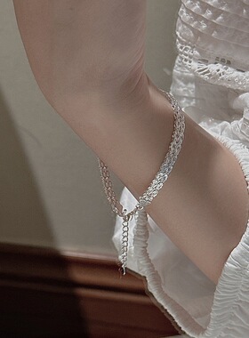 足银s999双排手链ins风小众设计简约时髦编织蕾丝感几何菱形手饰