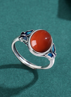 S925纯银精工珐琅南红玛瑙复古蝴蝶蓝蝶开口女士戒指蝴蝶花指环