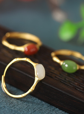 小米粒和田玉925纯银戒指饰品新款女竹节复古磨砂潮流戒子