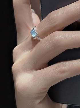 S925纯银韩版小众设计感海蓝宝简约基础款戒指韩式风时髦指环