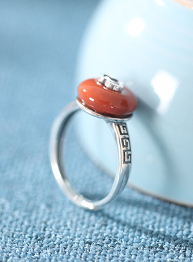 南红玛瑙平安扣戒指S925银复古时尚如意指环女文艺南红玛瑙食指