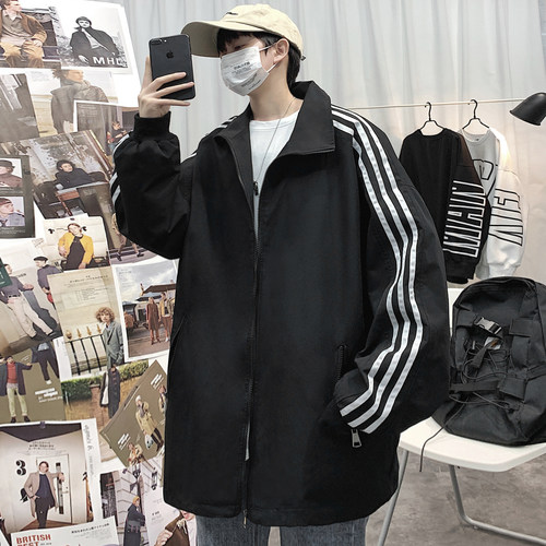 三条杠薄款夹克男外套加肥加大码春秋装宽松潮流胖子韩版运动青年 - 图2