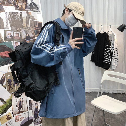 三条杠薄款夹克男外套加肥加大码春秋装宽松潮流胖子韩版运动青年 - 图1