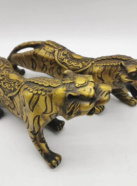 古玩铜器收藏仿古纯黄铜老虎百兽铜虎家居摆件