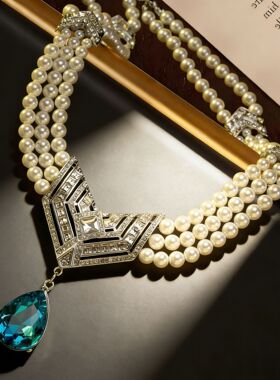 中古时尚珍珠项链复古vintage宫廷风百搭项链多层水晶吊坠项链