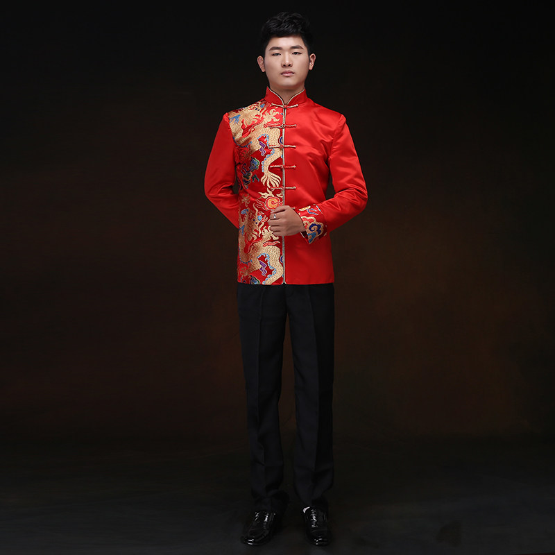 中式唐装外套男士大码中国风红色缎面长袖中山装司仪新年会演出服,淘宝优惠券,粉丝福利购,淘宝优惠卷