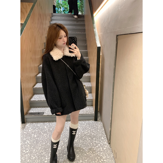 珍珍家赴约初雪全绵羊毛黑色拼毛毛翻领双面呢大衣中长款毛呢外套