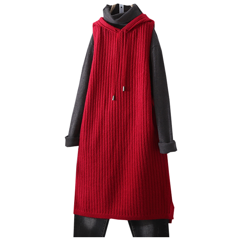 中长款针织女纯色条纹连帽无袖马甲 旭宁服饰马夹