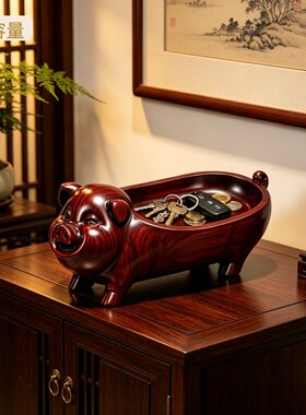 中古风高端招财小猪笔筒收纳盒办公室桌面多功能遥控器置物架摆件
