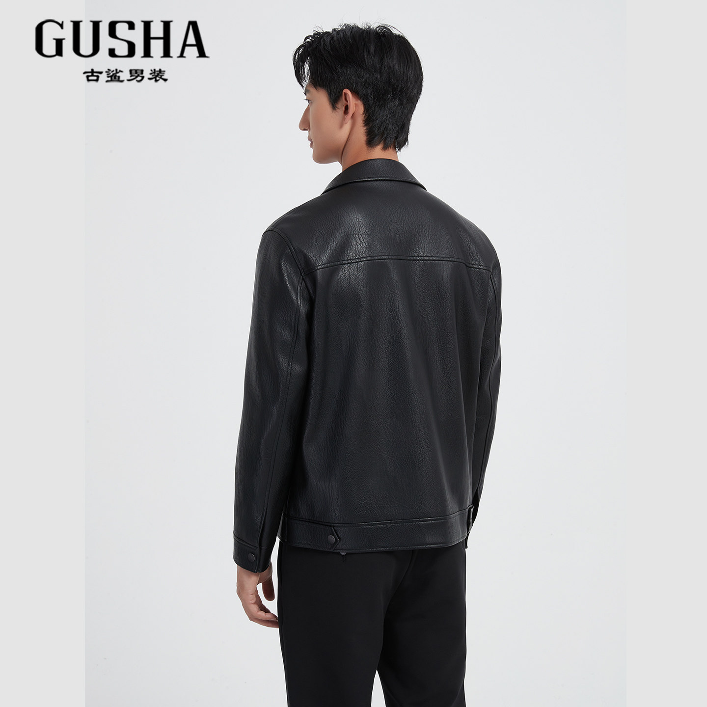 【行政风】古鲨黑色翻领皮衣男轻奢荔枝纹商务PU皮夹克外套2026春,淘宝优惠券,粉丝福利购,淘宝优惠卷