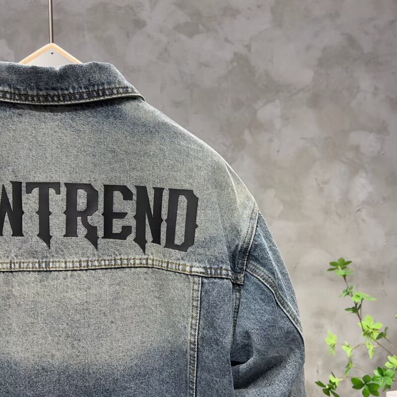 高端复古字母厚板硅胶印水洗牛仔外套男士春秋宽松美式工装夹克男 - 图2