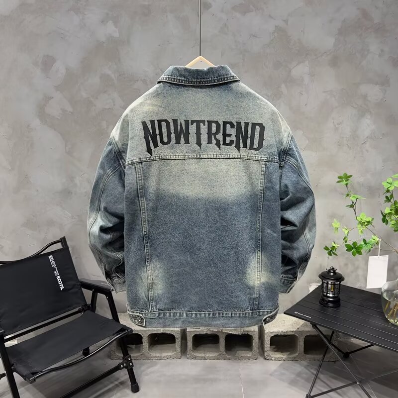 高端复古字母厚板硅胶印水洗牛仔外套男士春秋宽松美式工装夹克男 - 图1