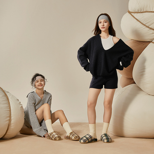 朴西南星棉拖鞋女复古格纹冬季保暖家居室内情侣防滑家用毛绒拖鞋