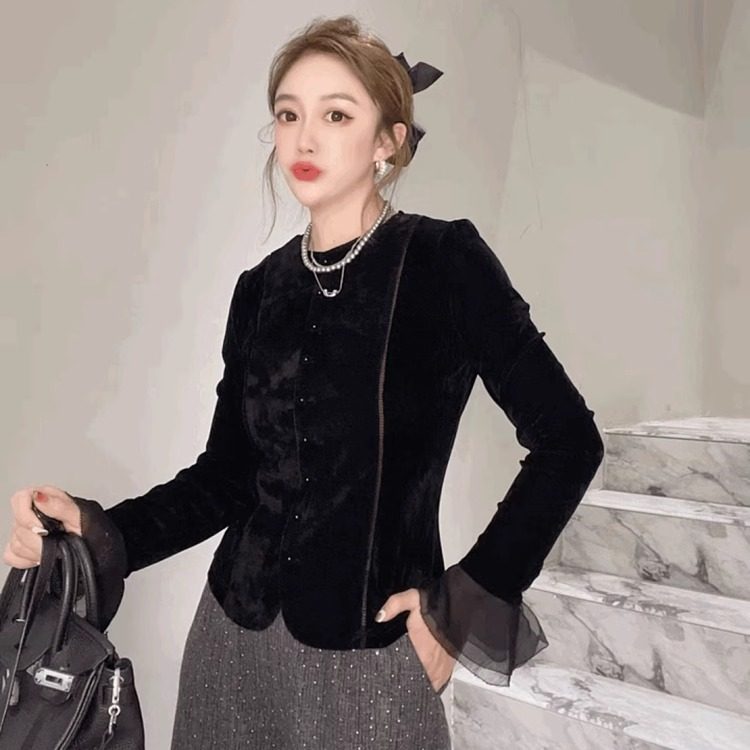 法式名媛小香风金丝绒衬衫女喇叭袖T恤打底衫潮黑色丝绒圆领上衣,淘宝优惠券,粉丝福利购,淘宝优惠卷