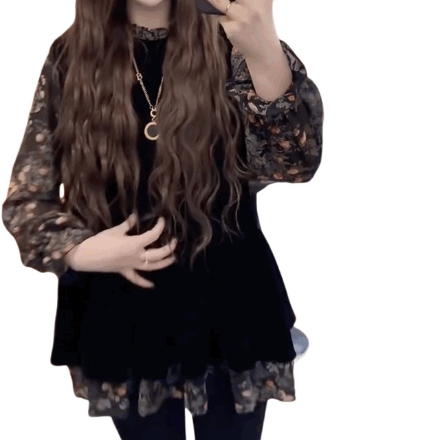 Ruffled black loose hip-covering mid-length top, lazy style overshirt, gold velvet patchwork chiffon shirt for women