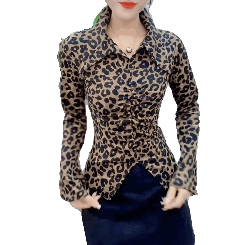 欧货时尚高级感豹纹T恤女喇叭袖上衣春新款皱褶设计感修身打底衫,淘宝优惠券,粉丝福利购,淘宝优惠卷